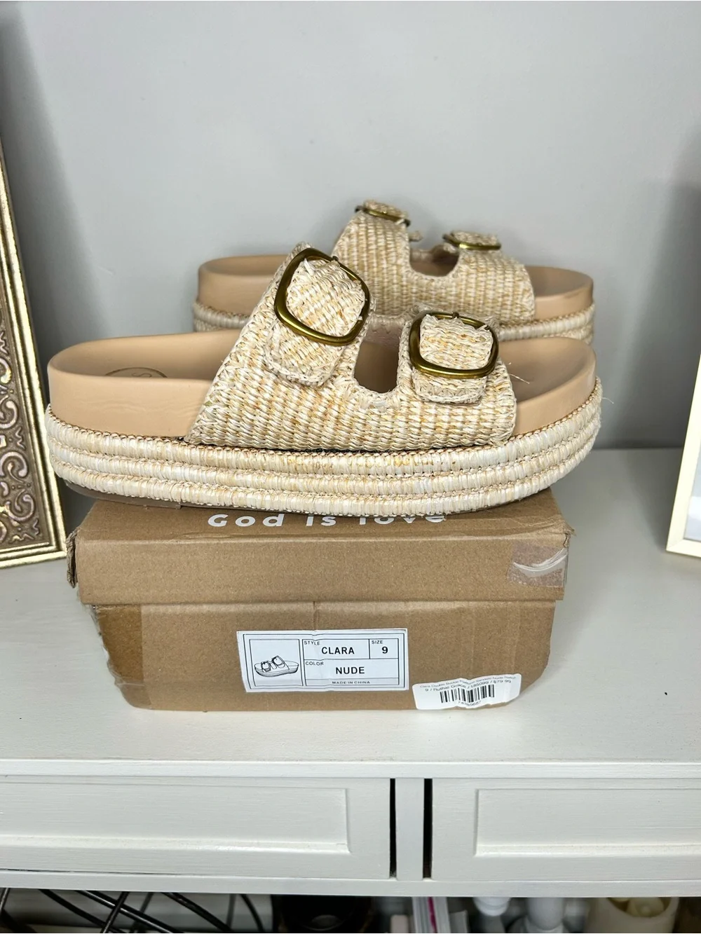 NEW MKS Clara Nude Raffia Platform Slide Sandals